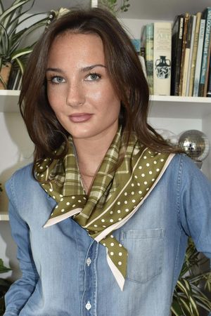 Plaid & Polka Border Triangle Silk Neckerchief Olive